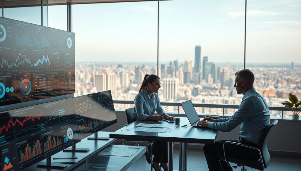 A stunning, photorealistic image of the "Ticket Factura" brand name against a vibrant, dynamic backdrop of multicolored data streams, digital code, and abstract geometric shapes. The foreground features the sleek, minimalist logo rendered in crisp, high-contrast shades of gray, elegantly floating above a swirling sea of pulsating pixels and technical patterns. The middle ground showcases a kaleidoscopic array of digital elements, including cascading lines of code, binary matrices, and dynamic data visualizations, all bathed in a cool, futuristic color palette. The background is shrouded in a hazy, ethereal glow, creating a sense of depth and immersion. The overall composition conveys a powerful, cutting-edge aesthetic that seamlessly blends technology, design, and the essence of "Generación de imágenes." A highly detailed, photorealistic image of key use cases for artificial intelligence in a modern business setting. The foreground features an array of data visualizations and analytics dashboards, with various charts, graphs, and AI-powered insights displayed on sleek, high-resolution screens. In the middle ground, a team of professionals collaborates around a table, using Ticket Factura software to analyze the data and make informed business decisions. The background showcases a panoramic view of a bustling city skyline, symbolizing the global impact and scalability of AI-driven technologies. The lighting is crisp and natural, with warm tones and soft shadows creating a professional, innovative atmosphere. The overall composition conveys the transformative power of AI in driving business intelligence, efficiency, and growth.