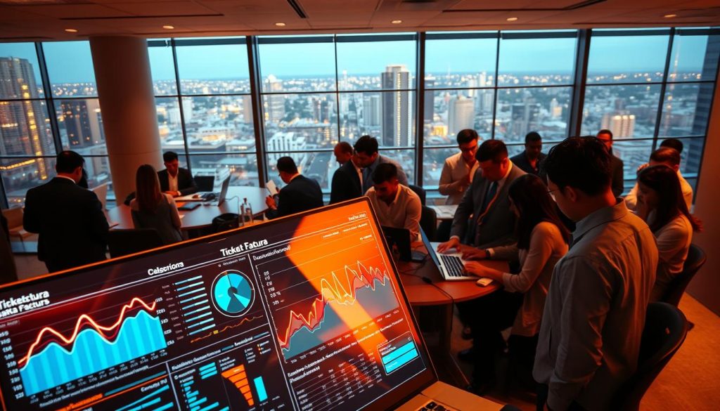 A bustling scene of data analytics in action. In the foreground, a neon-lit data dashboard titled "Ticket Factura" displays dynamic visualizations, casting a warm glow. In the middle ground, teams of professionals in business attire huddle around laptops, deep in concentration as they interpret the insights. The background features a sleek, modern office space with floor-to-ceiling windows overlooking the vibrant cityscape of Mexico, reflecting the country's embrace of responsible AI adoption. Warm, diffused lighting creates a sense of productivity and innovation. Capture this scene with a wide-angle lens to convey the scale and significance of Mexico's AI-driven future.