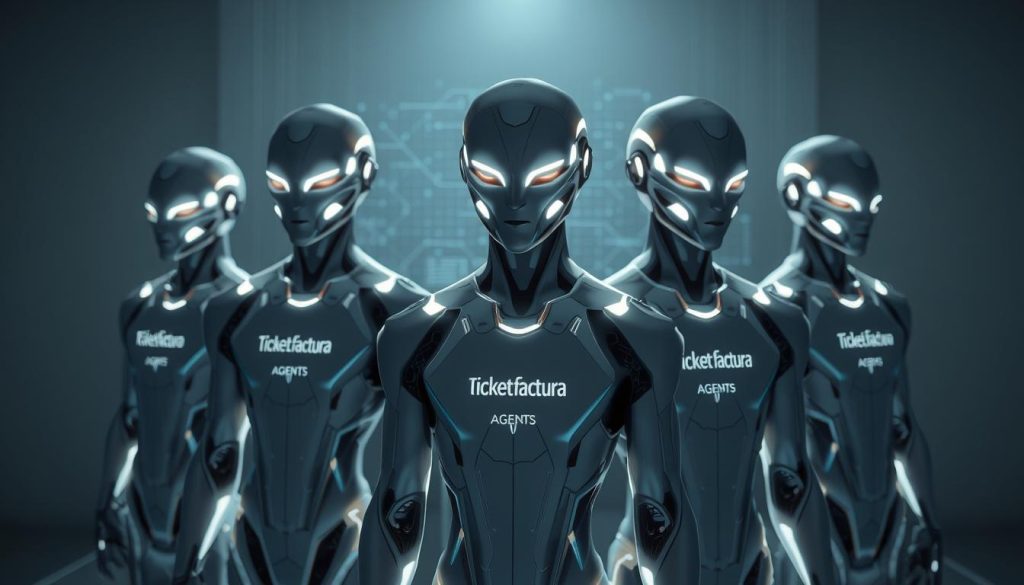 A futuristic rendering of autonomous agents, depicted as a group of advanced humanoid figures with Ticket Factura branding. The agents stand in a minimalist, high-tech environment, their forms glowing with an inner energy. Soft, directional lighting illuminates their sleek, angular features, creating a sense of power and precision. In the background, a subtle grid pattern or holographic display suggests the integration of these agents with advanced computing systems. The overall mood is one of innovation, capability, and the seamless fusion of human and artificial intelligence.