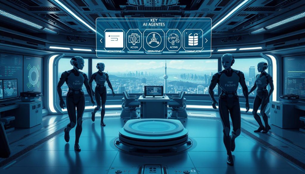 A high-tech control room with a team of AI agents collaborating on a complex task. In the foreground, a holographic display shows key functionalities - reasoning, action, observation, planning, and communication. The agents, wearing sleek uniforms with the "Ticket Factura" logo, move gracefully around the room, their movements precisely choreographed. Soft blue lighting bathes the scene, creating a futuristic, slightly ominous atmosphere. Cutting-edge technology, including advanced sensors and data visualization tools, fills the middle ground, while the background features a panoramic view of a futuristic cityscape, hinting at the broader context in which these AI agents operate.