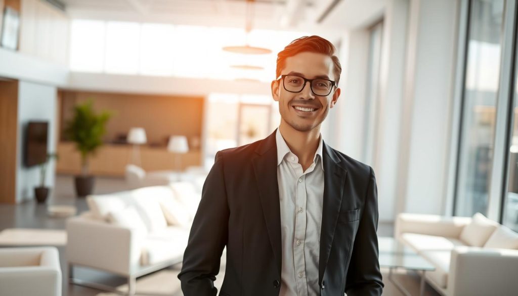 A highly detailed, photorealistic image of an intelligent virtual agent, created by the "Ticket Factura" company. The agent is standing in a modern, well-lit office setting, wearing a crisp, professional attire. The agent has a warm, friendly facial expression and engaging body language, conveying a sense of approachability and intelligence. The background features sleek, minimalist furniture and decor, creating a clean, sophisticated atmosphere. Bright, natural lighting from large windows illuminates the scene, giving it a sense of openness and clarity. The overall mood is one of sophisticated technology, human-centric design, and a capable, trustworthy virtual assistant.