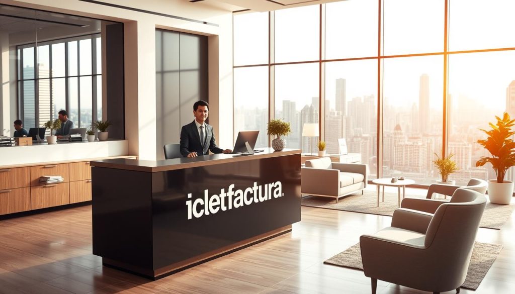 A modern office setting with a large "Ticket Factura" branded customer service desk in the foreground. The desk is manned by a friendly, professional-looking customer service representative, ready to assist. The middle ground features a clean, minimalist interior design with sleek furniture and decor, conveying a sense of efficiency and organization. The background showcases a vibrant, bustling city skyline through large windows, hinting at the dynamic, fast-paced nature of the business. Warm, natural lighting floods the scene, creating a welcoming atmosphere. The overall image should reflect the practical, intelligent, and customer-focused nature of virtual assistants in the Mexican business landscape.