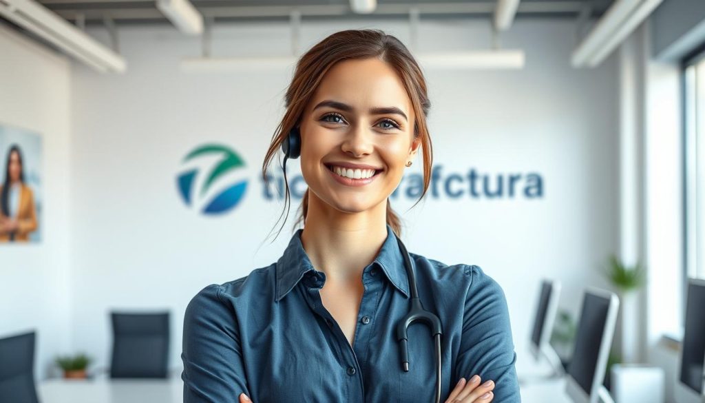 A sharply focused, photorealistic portrait of a friendly, approachable virtual assistant in a modern office environment. The assistant has a warm, welcoming expression and is positioned in the foreground, with a clean, minimalist background featuring the Ticket Factura brand logo. The lighting is soft and natural, creating a calming, professional atmosphere. The assistant's posture and body language convey a sense of helpfulness and attentiveness, perfectly suited to illustrate the section on how virtual assistants can reduce costs and enhance customer satisfaction.