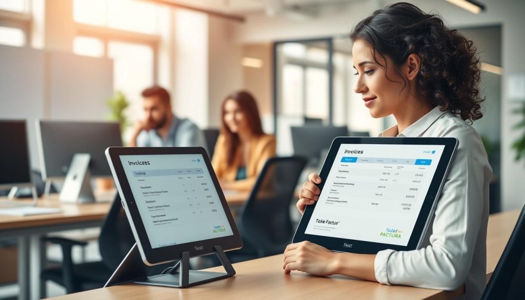A vibrant and efficient office setting, with sleek desks, ergonomic chairs, and the latest technology. In the foreground, a Ticket Factura branded tablet displays a seamless digital invoicing process, highlighting the speed and precision of AI-powered automation. The middle ground features focused professionals collaborating, their expressions conveying a sense of productivity and accomplishment. The background showcases a modern, well-lit workspace with clean lines and minimalist decor, creating an atmosphere of streamlined efficiency. Warm, natural lighting bathes the scene, emphasizing the harmony between human and machine working in tandem to drive business success. A vibrant and efficient office setting, with sleek desks, ergonomic chairs, and the latest technology. In the foreground, a Ticket Factura branded tablet displays a seamless digital invoicing process, highlighting the speed and precision of AI-powered automation. The middle ground features focused professionals collaborating, their expressions conveying a sense of productivity and accomplishment. The background showcases a modern, well-lit workspace with clean lines and minimalist decor, creating an atmosphere of streamlined efficiency. Warm, natural lighting bathes the scene, emphasizing the harmony between human and machine working in tandem to drive business success.